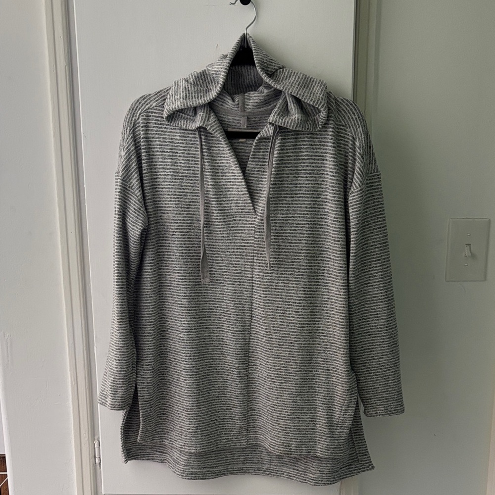 LOFT Gray and White Striped Hooded Sweater